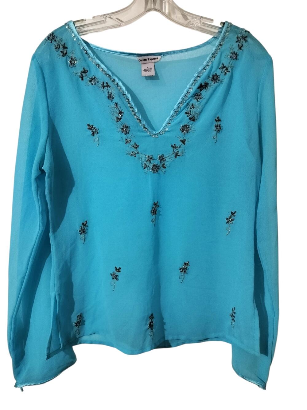 6024)Y2K Cotton Express Semi Sheer Chiffon Blue Fairy-twee Beaded sequin Top L